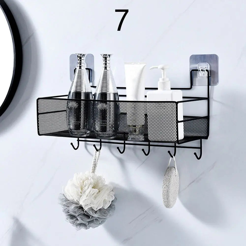 DECORATIVE WALL MOUNTED BATHROOM SHELF WITH HOOKS – BLACK MESH STYLE