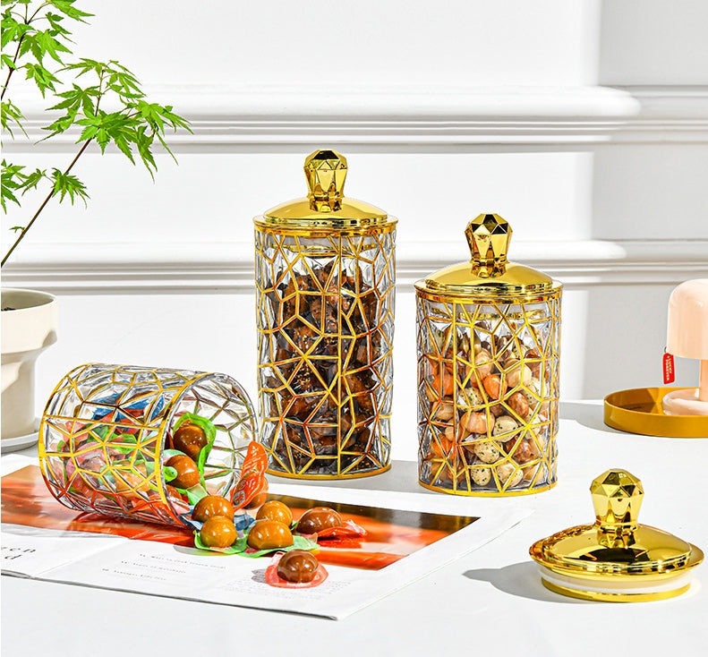 SET OF 3 TRANSPARENT SEALED JAR WITH GOLDEN LID