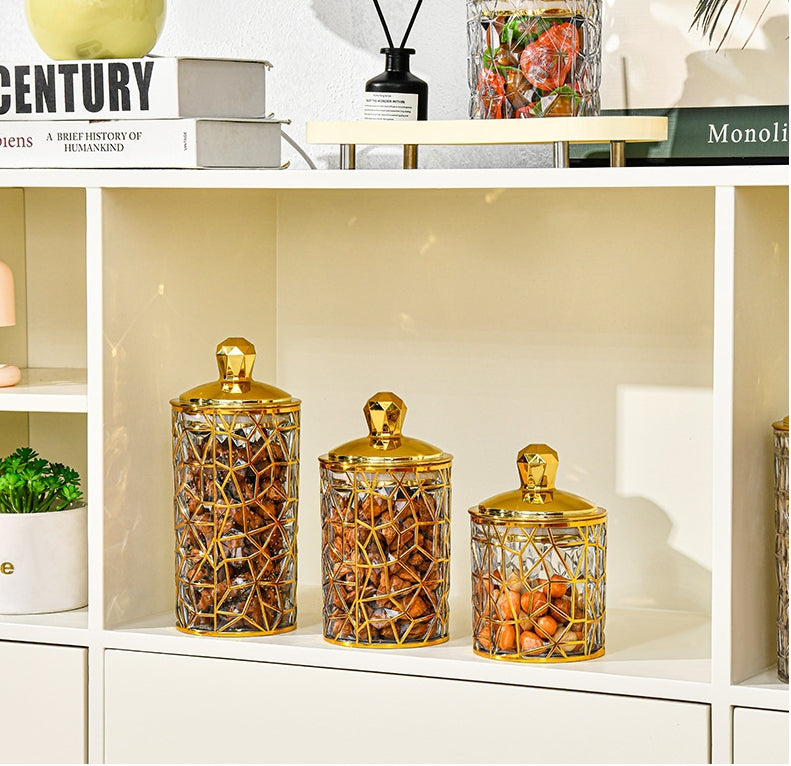 SET OF 3 TRANSPARENT SEALED JAR WITH GOLDEN LID