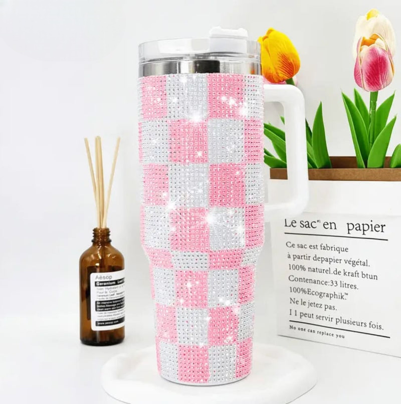 GLITTER RHINESTONE TUMBLER CUP WITH STRAW AND HANDLE – 1200ML CAPACITY
