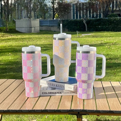 GLITTER RHINESTONE TUMBLER CUP WITH STRAW AND HANDLE – 1200ML CAPACITY