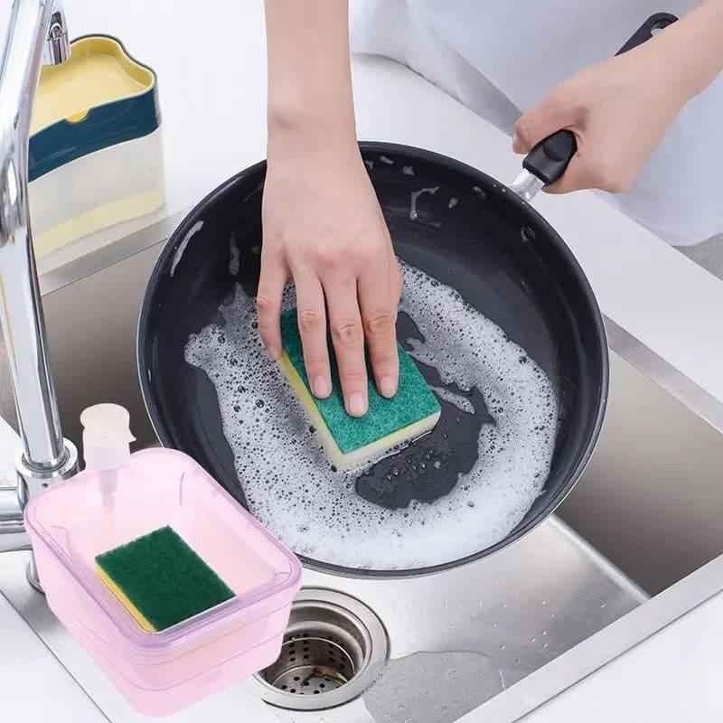 ROUND CLEAR KITCHEN DISPENSER WITH SPONGE – CONVENIENT DISH SOAP STORAGE