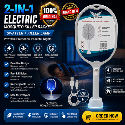 PRODESIRE™ RECHARGEABLE MOSQUITO RACKET 2IN1 WITH STAND