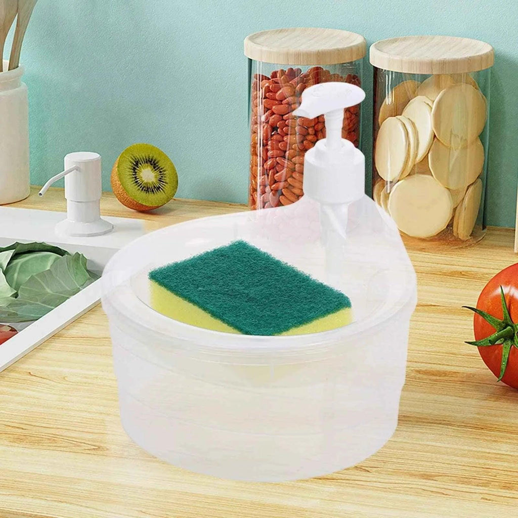 ROUND CLEAR KITCHEN DISPENSER WITH SPONGE – CONVENIENT DISH SOAP STORAGE