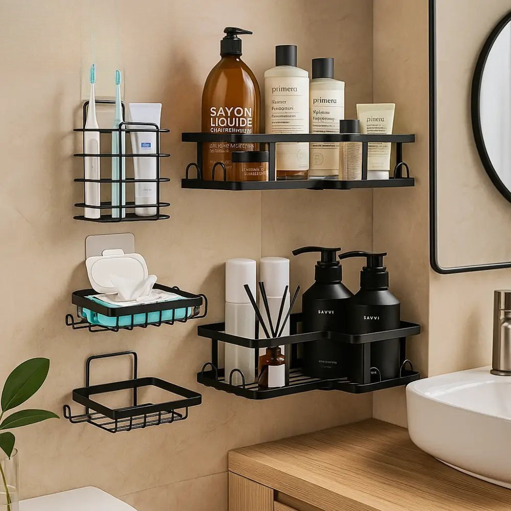 WALL MOUNTED 5PCS BLACK BATHROOM SHELF SET – RUSTPROOF & DURABLE