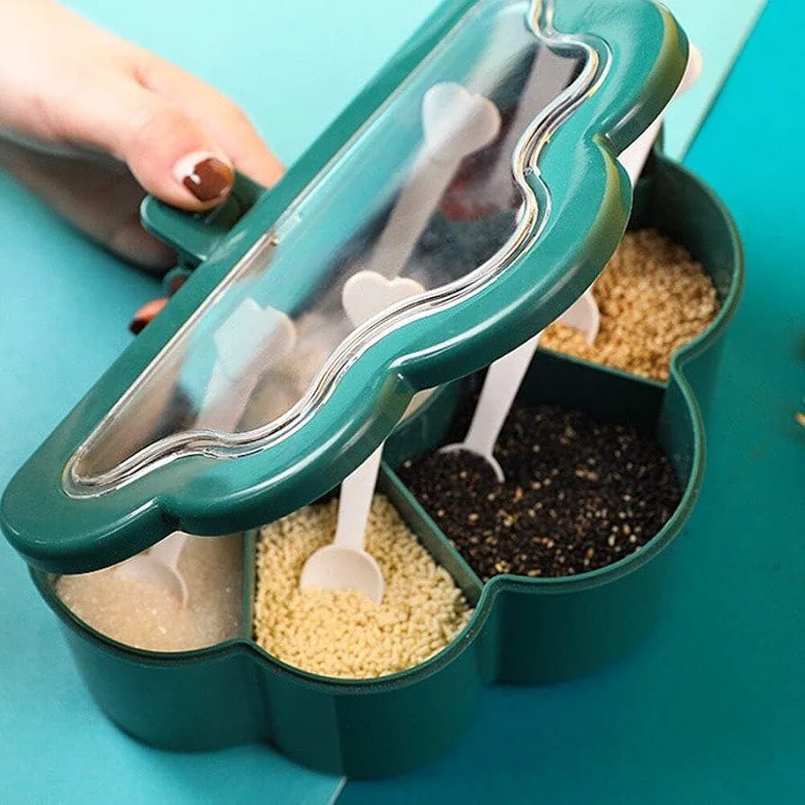 Teal flower-shaped multi-compartment organizer with clear lid and mini spoons