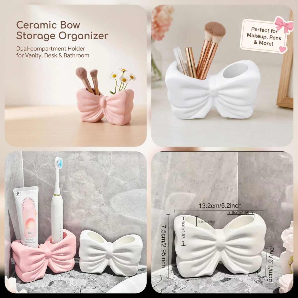 Ceramic bow storage organiser reference showing pink and white examples, uses and dimensions
