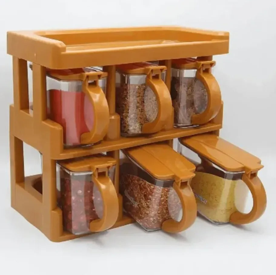 Original orange-brown spice rack with six handled jars