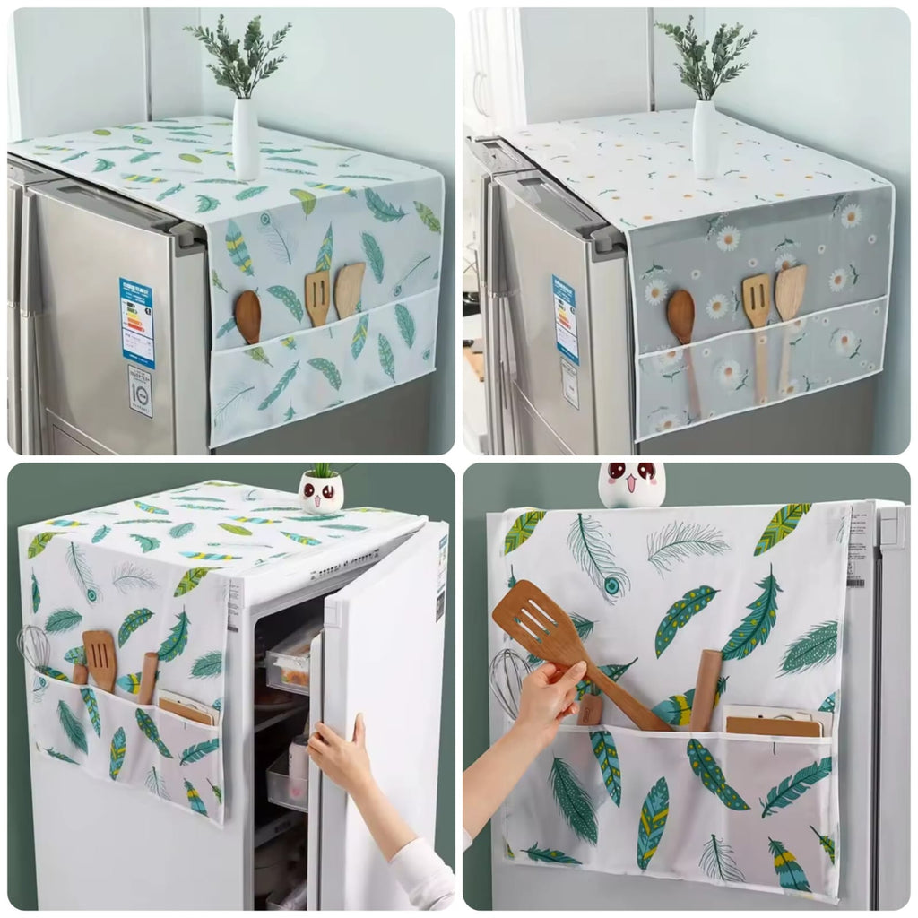 Original product photos showing assorted fridge top cover prints and side pockets
