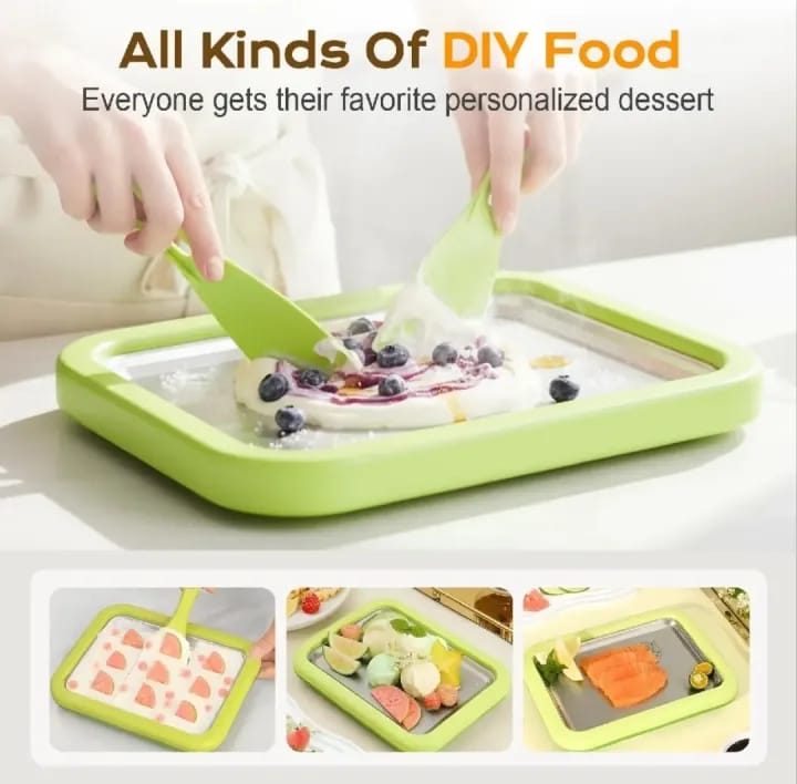 DIY rolled ice cream maker tray with green spatulas and desserts