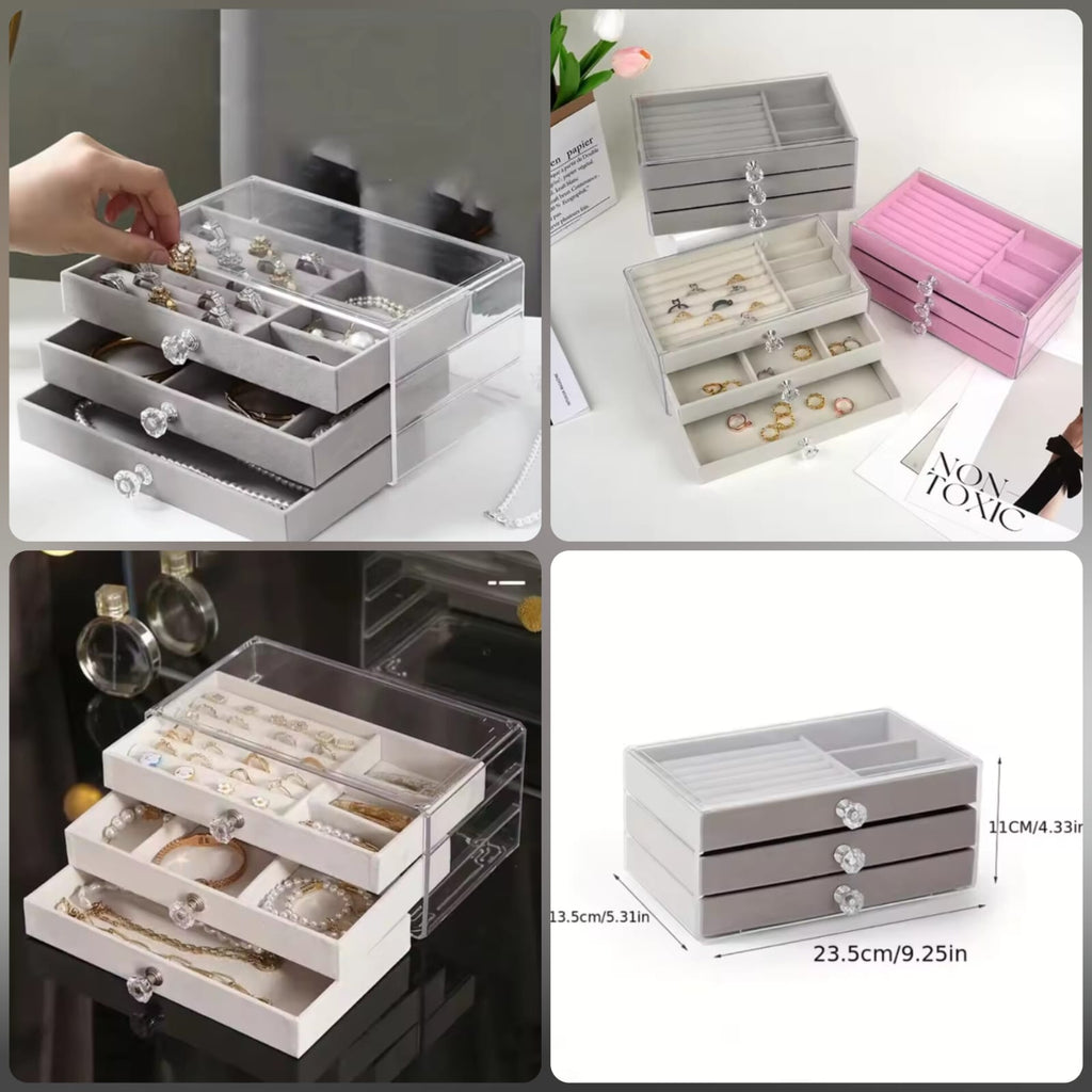 3-Tier grey jewelry organizer with clear acrylic top, open drawers and size labels