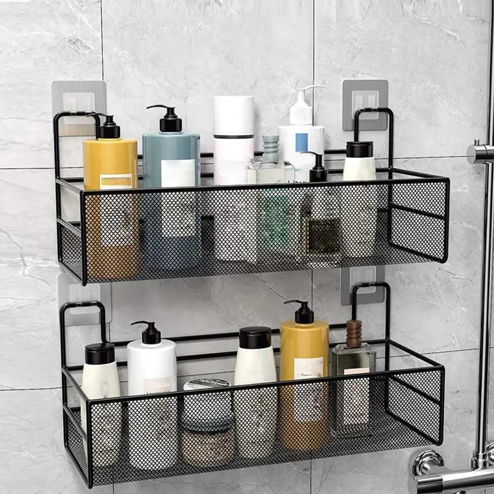 DECORATIVE WALL MOUNTED BATHROOM SHELF WITH HOOKS – BLACK MESH STYLE