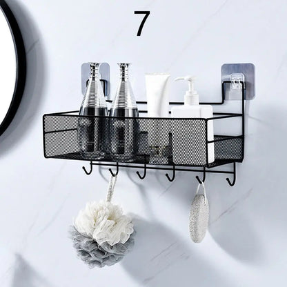DECORATIVE WALL MOUNTED BATHROOM SHELF WITH HOOKS – BLACK MESH STYLE