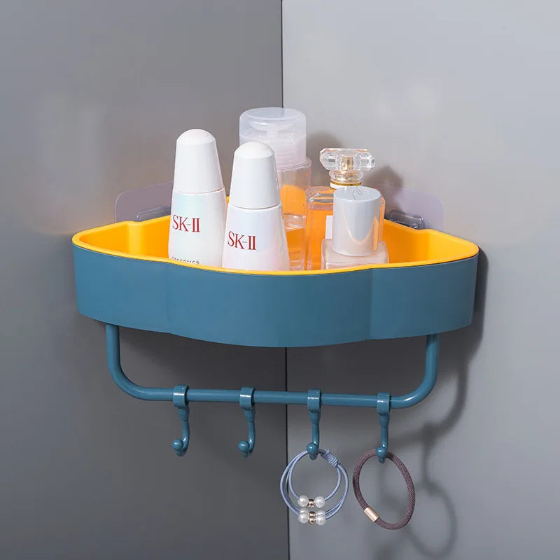 WALL-MOUNTED BATHROOM CORNER RACK WITH HOOKS