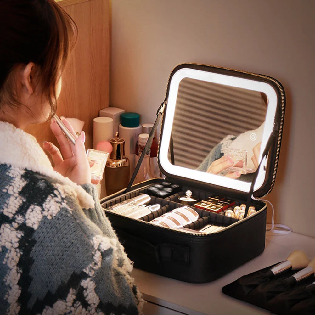 LED MIRROR MAKEUP CASE FOR TRAVEL AND STORAGE