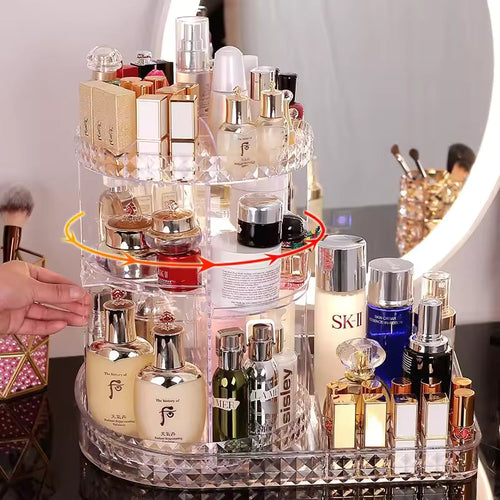 ROTATING MAKEUP ORGANIZER BOX – SPACE-SAVING COSMETIC HOLDER WITH CLEAR DESIGN