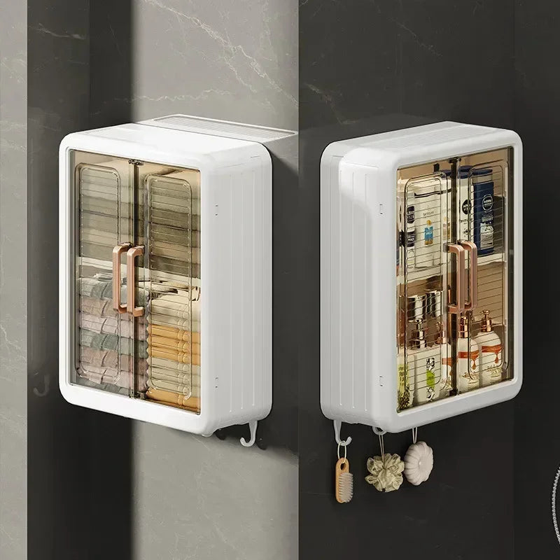 BATHROOM WALL CABINET WITH STORAGE SHELVES AND HOOKS