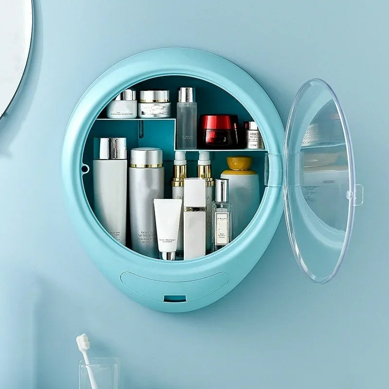 MULTIFUNCTIONAL ROUND COSMETIC ORGANIZER WITH CLEAR FRONT DOOR