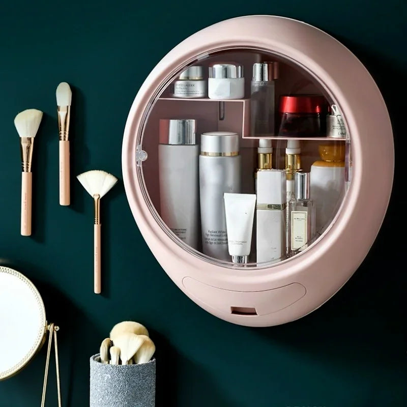 MULTIFUNCTIONAL ROUND COSMETIC ORGANIZER WITH CLEAR FRONT DOOR