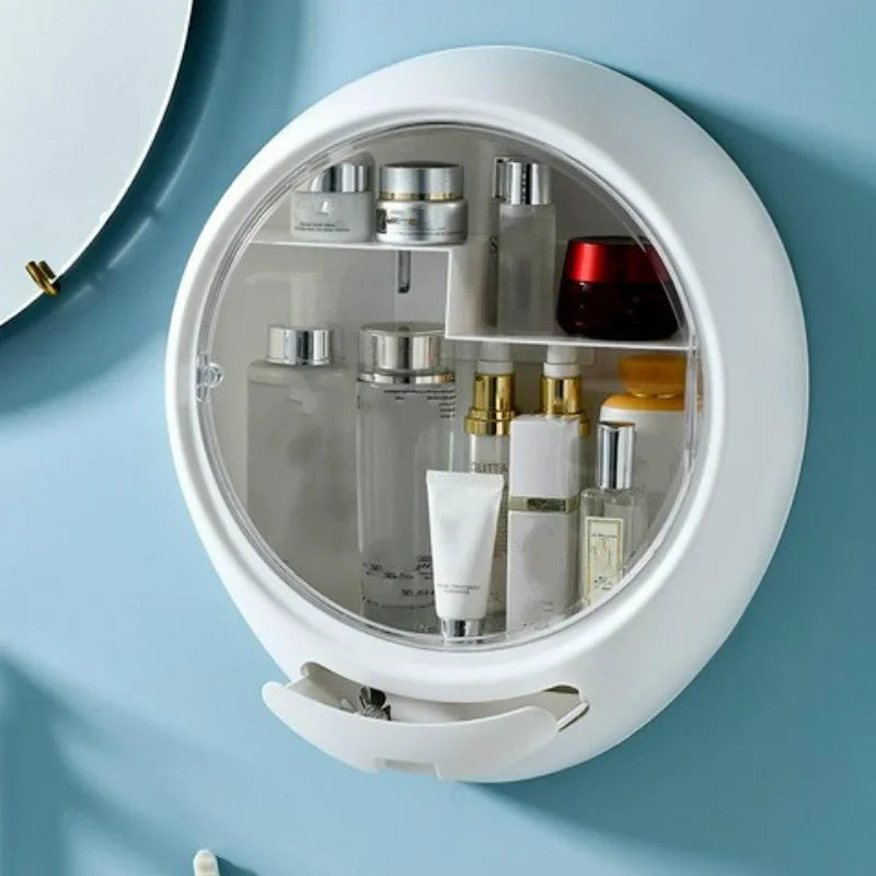 MULTIFUNCTIONAL ROUND COSMETIC ORGANIZER WITH CLEAR FRONT DOOR