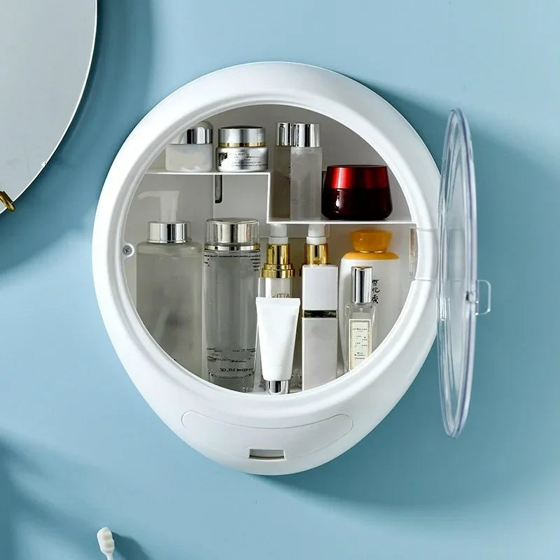 MULTIFUNCTIONAL ROUND COSMETIC ORGANIZER WITH CLEAR FRONT DOOR