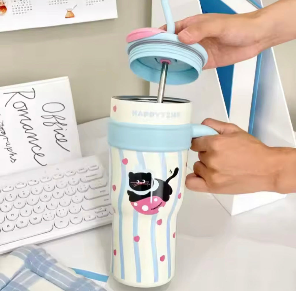 PREMIUM CUTE STAINLESS STEEL TUMBLER WITH STRAW – CARTOON CAT STYLE