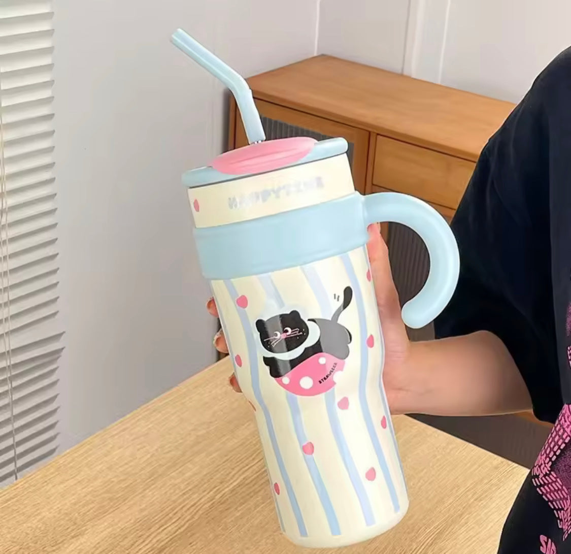 PREMIUM CUTE STAINLESS STEEL TUMBLER WITH STRAW – CARTOON CAT STYLE