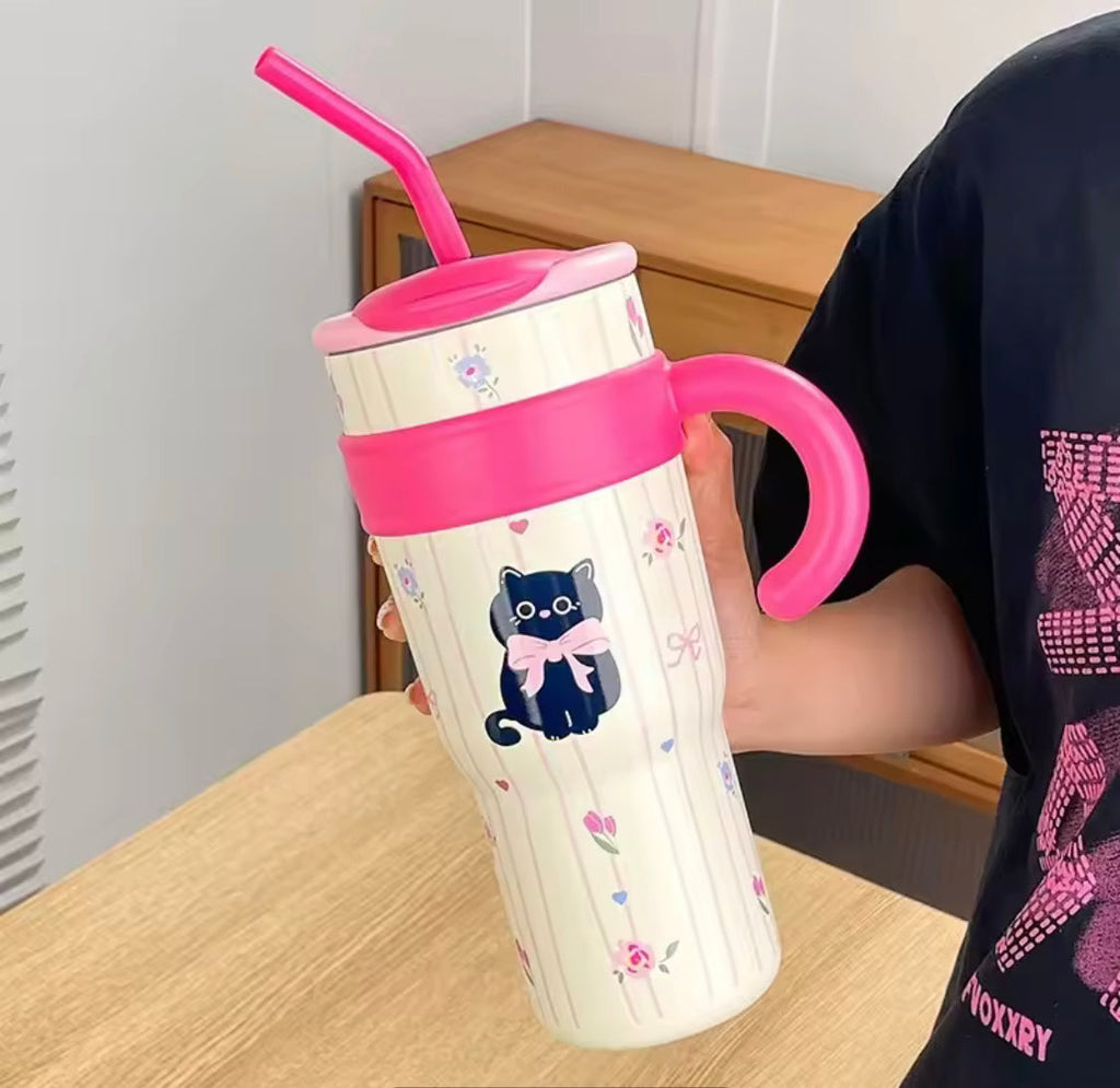 PREMIUM CUTE STAINLESS STEEL TUMBLER WITH STRAW – CARTOON CAT STYLE