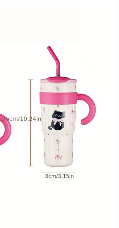 PREMIUM CUTE STAINLESS STEEL TUMBLER WITH STRAW – CARTOON CAT STYLE