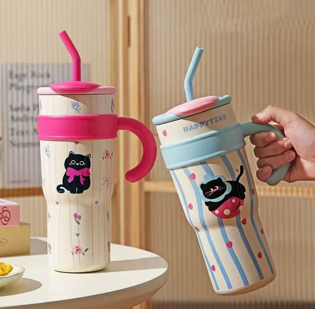 PREMIUM CUTE STAINLESS STEEL TUMBLER WITH STRAW – CARTOON CAT STYLE