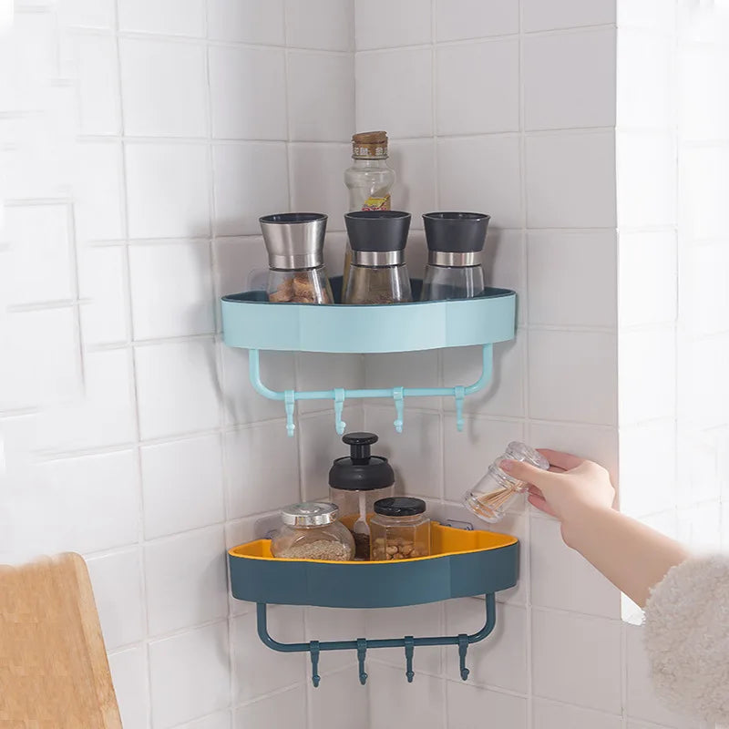 WALL-MOUNTED BATHROOM CORNER RACK WITH HOOKS