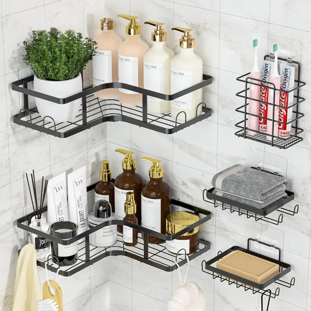 WALL MOUNTED 5PCS BLACK BATHROOM SHELF SET – RUSTPROOF & DURABLE
