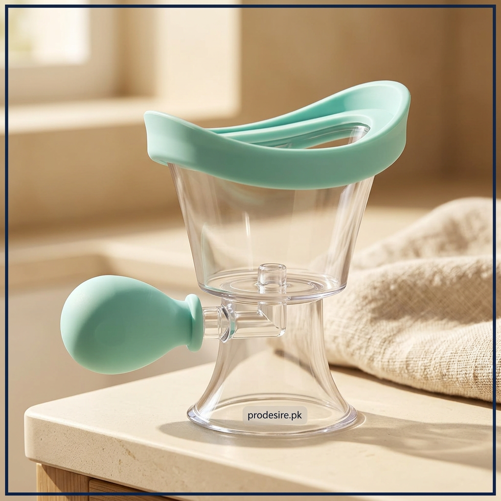 Close-up of eye wash cup with mint side squeeze bulb and transparent pedestal