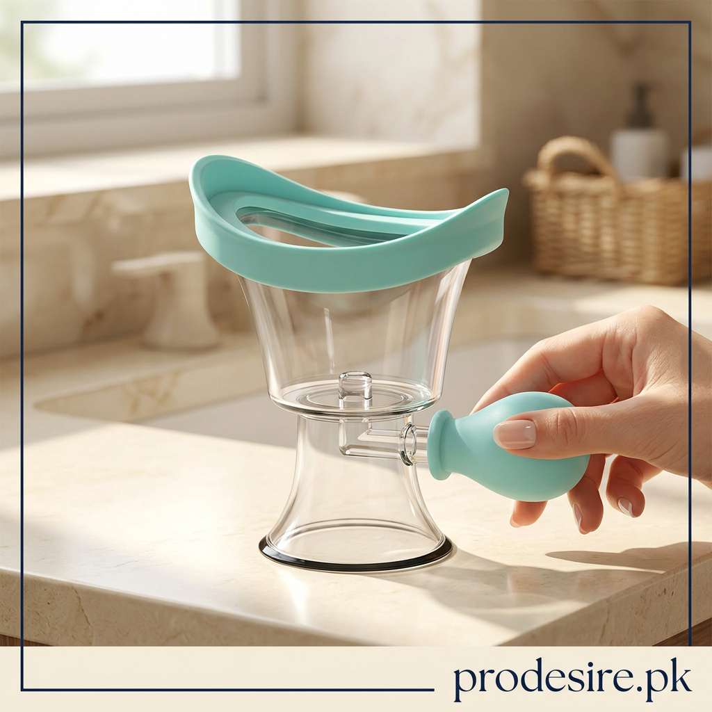Mint squeeze eye wash cup held by the side bulb on a cream bathroom counter