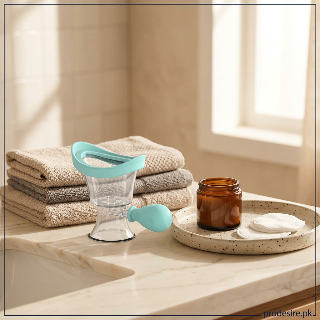 Eye wash cup on a cream vanity with towels and decorative tray