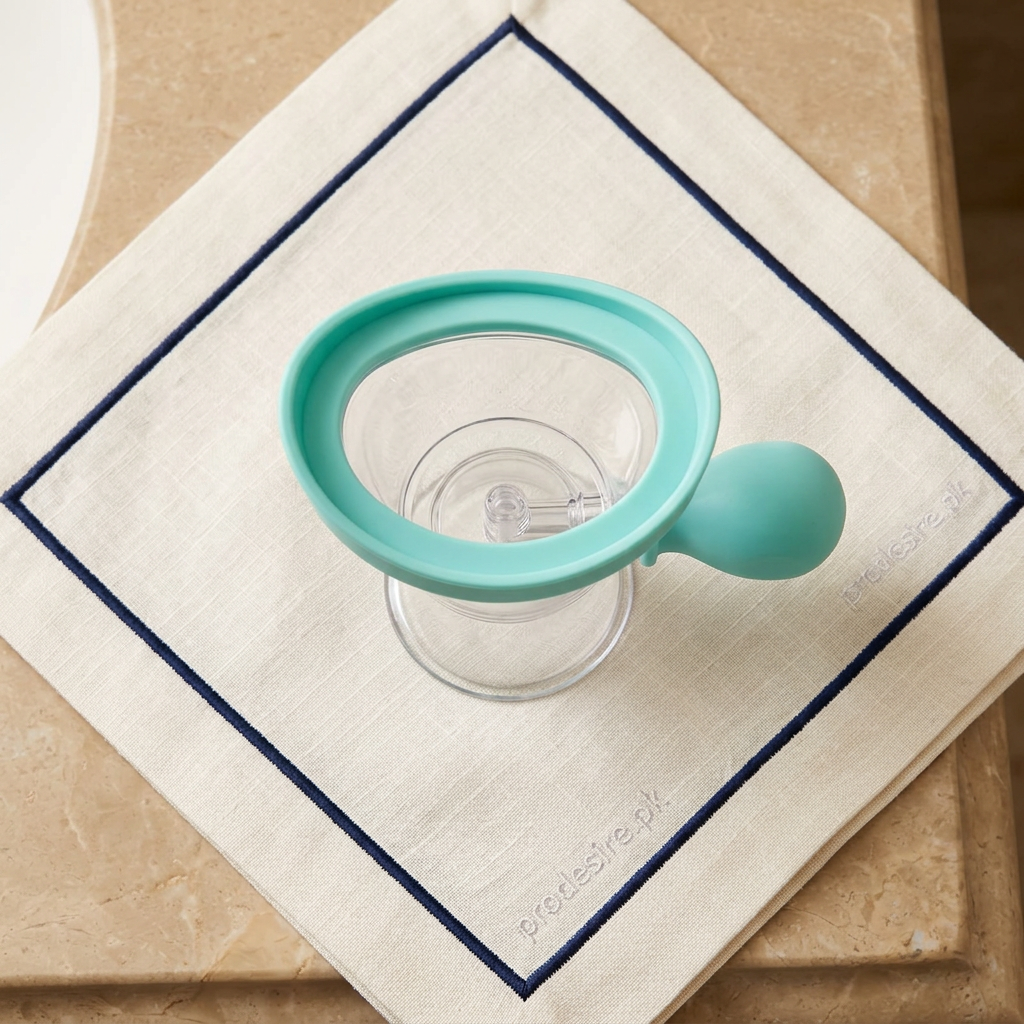 Overhead view of eye wash cup with mint rim and side squeeze bulb