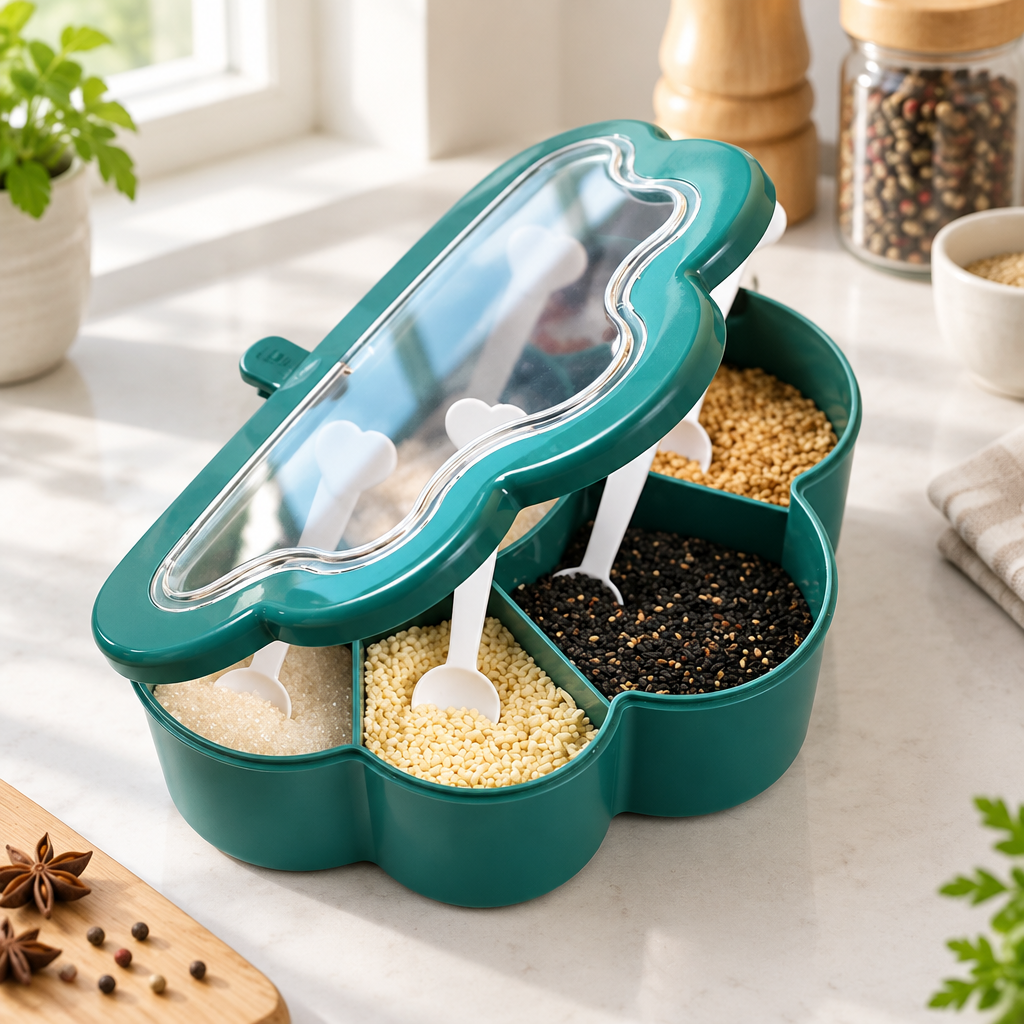 Teal multi-compartment organizer on a kitchen counter