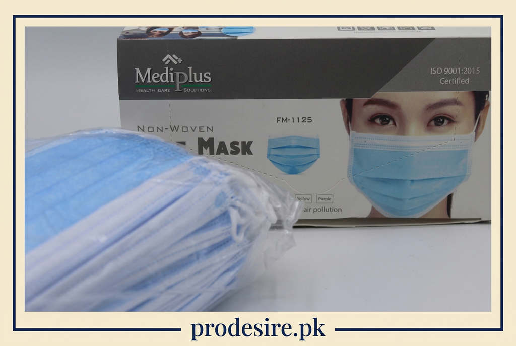 Mediplus mask box and blue masks with prodesire.pk branded cream and navy frame