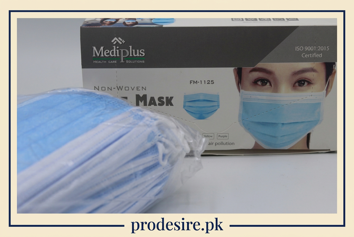 Mediplus mask box and blue masks with prodesire.pk branded cream and navy frame