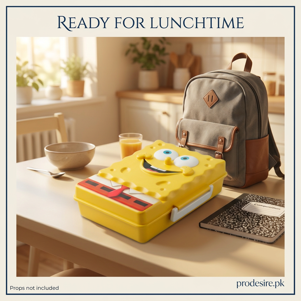 PRODESIRE yellow SpongeBob lunch box on breakfast table beside school bag, props not included