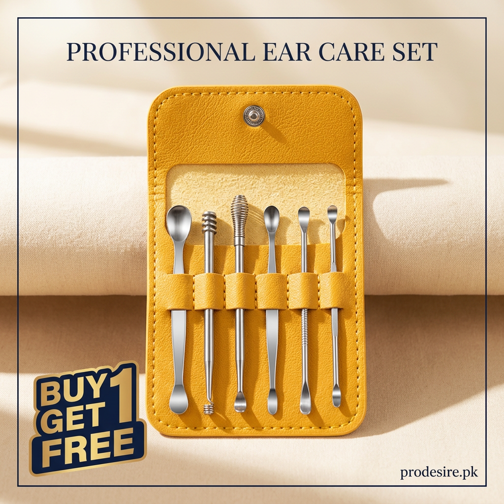 Yellow PU leather case holding six stainless steel ear cleaning tools, buy 1 get 1 free offer, prodesire.pk