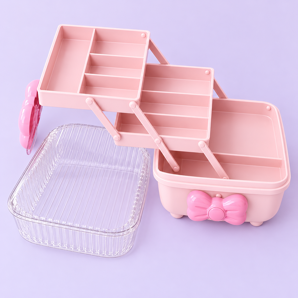 Empty pink organizer open elevated view