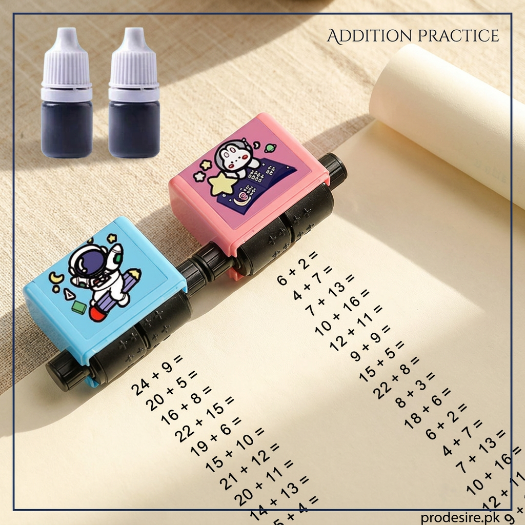 Blue and pink addition rollers with ink bottles and plus-only examples, prodesire.pk