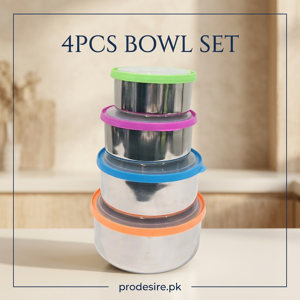 PRODESIRE stainless steel bowl set of 4 with green, pink, blue and orange lids stacked on a kitchen counter