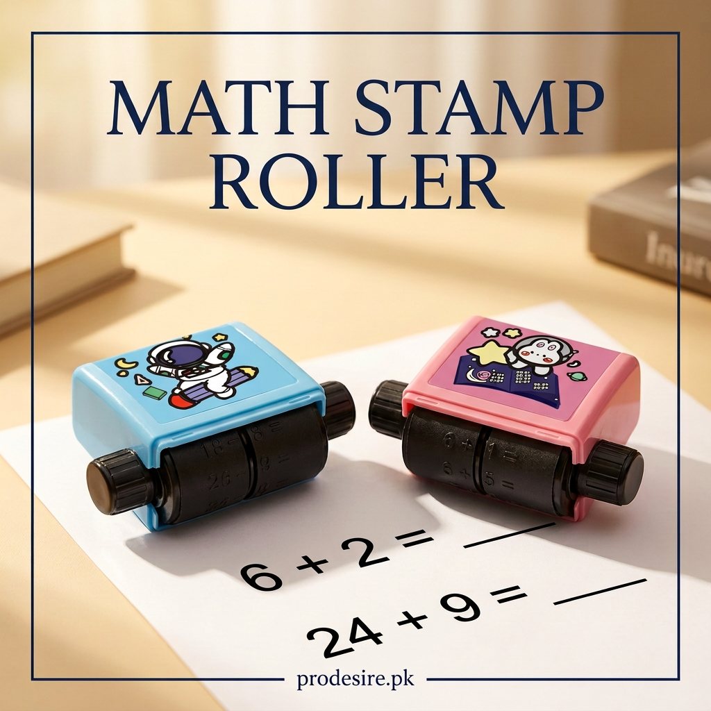 Blue and pink addition stamp rollers with plus-only practice sums, prodesire.pk