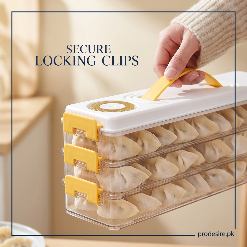Close-up of the yellow locking clips and carry handle on the PRODESIRE 3-layer momos storage box