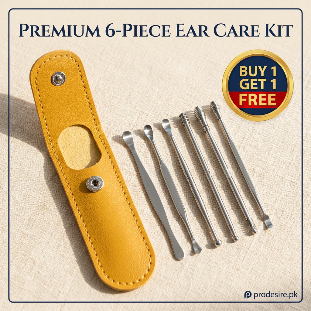 Overhead view of 6 pieces stainless steel ear cleaning kit with yellow PU leather case, buy 1 get 1 free offer, prodesire.pk
