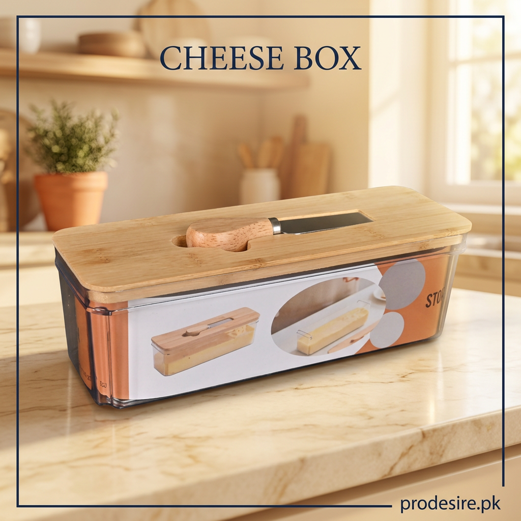 PRODESIRE cheese storage box with bamboo lid and wooden-handled knife on a sunlit kitchen counter