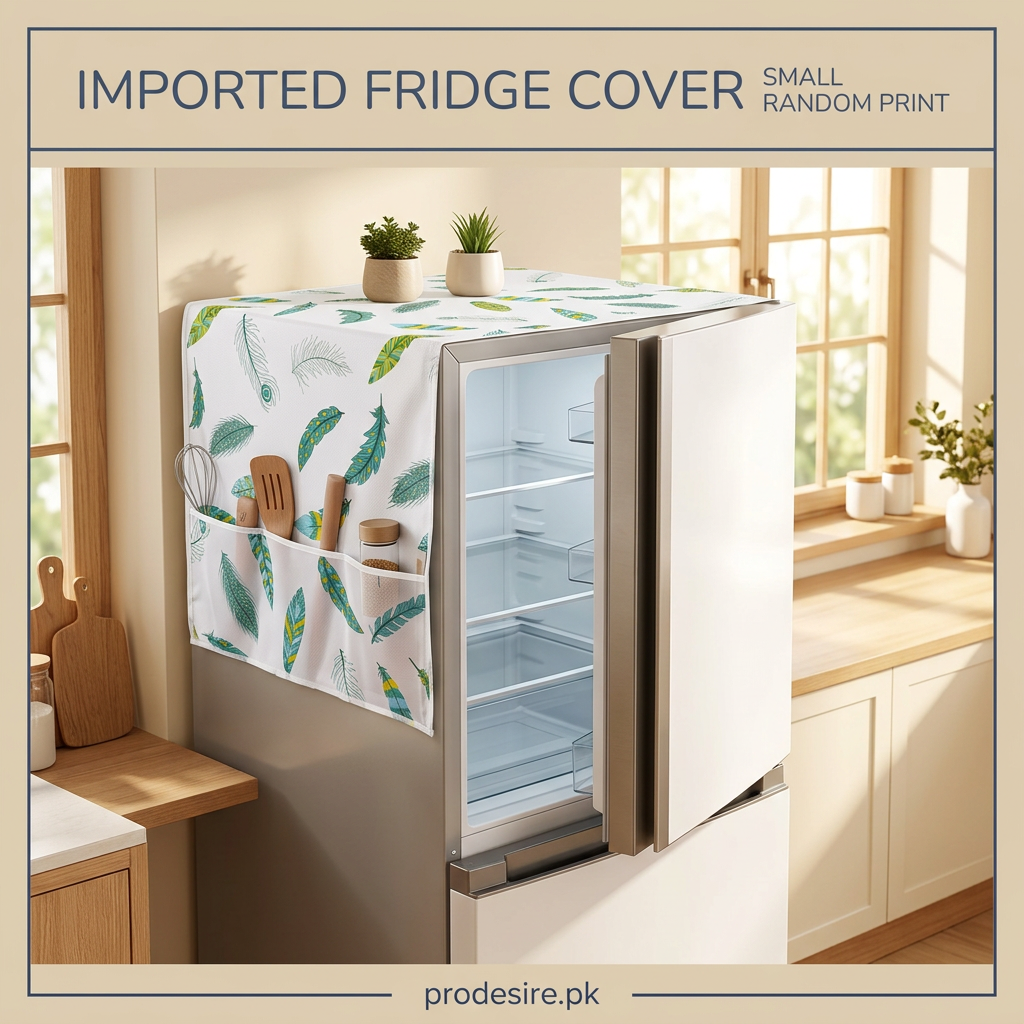 Imported fridge top cover with feather print and side pockets, three-quarter view
