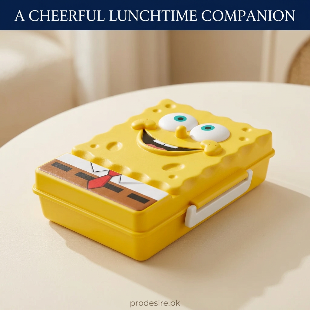 SpongeBob lunch box lid detail showing raised eyes, smile and shirt-and-tie artwork